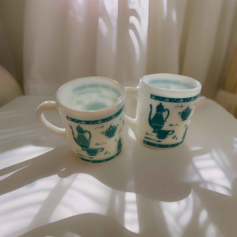 Hazel‎ Atlas Kitchen Aid Turquoise Milk Glass Mugs Cups MCM Set Of 2